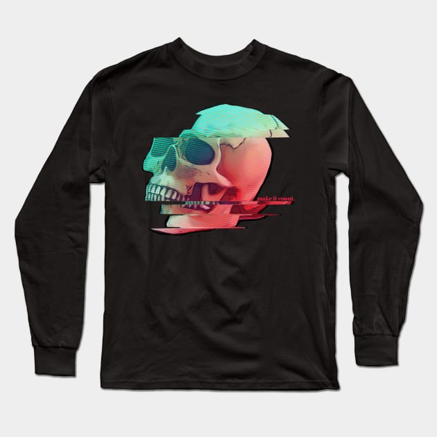 Make It Count - Glitch Skull Long Sleeve T-Shirt by Secret Fortress Workshop